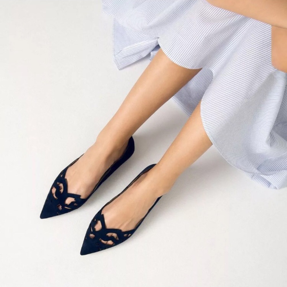 NWOT blue suede Lase cut out Zara flats 37/6.5